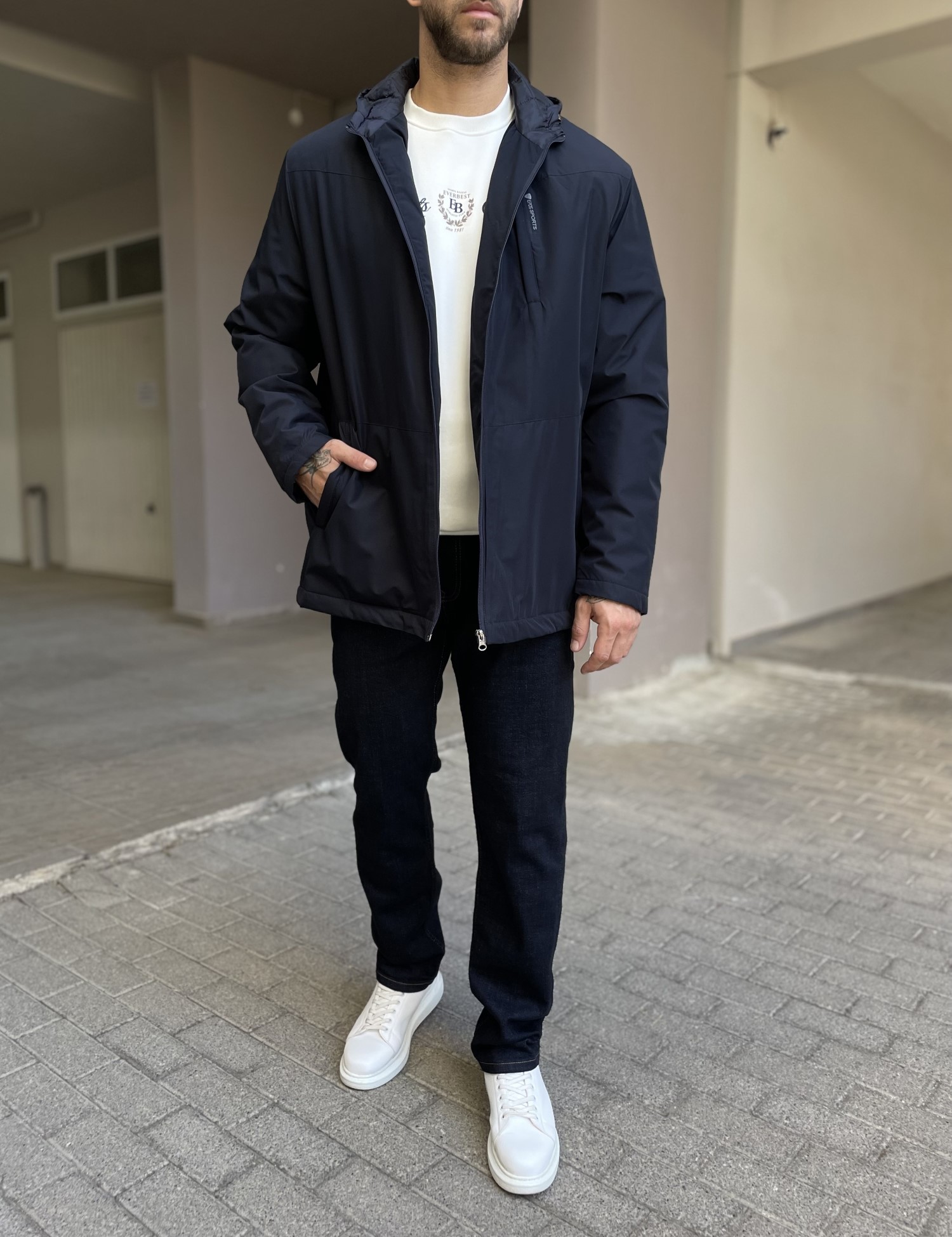 Ανδρικό μπλε μπουφάν ίσιο με κουκούλα Plus Size EP472 φωτογραφία